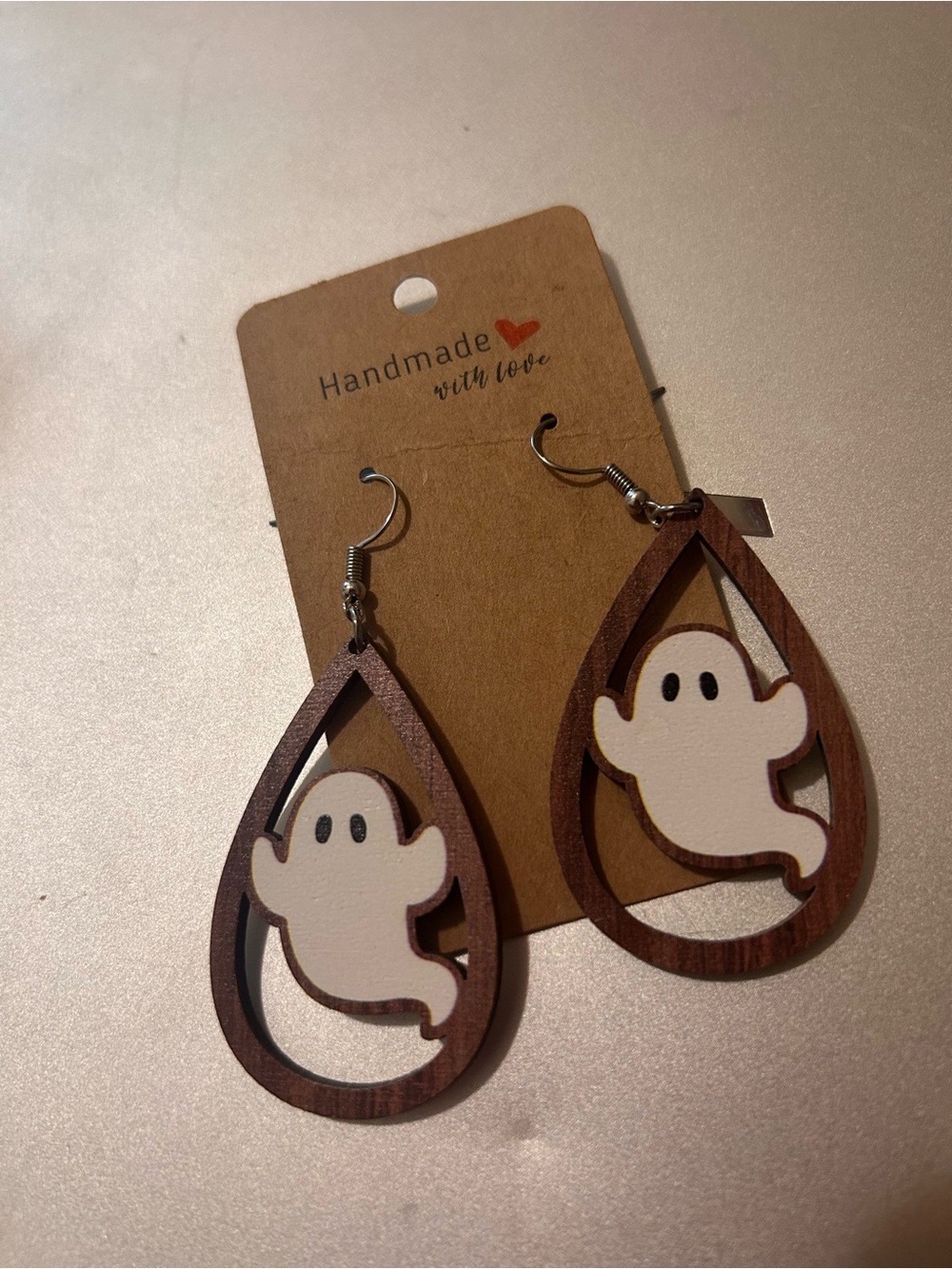 Handmade Wooden Ghost Teardrop Earrings - White & Brown